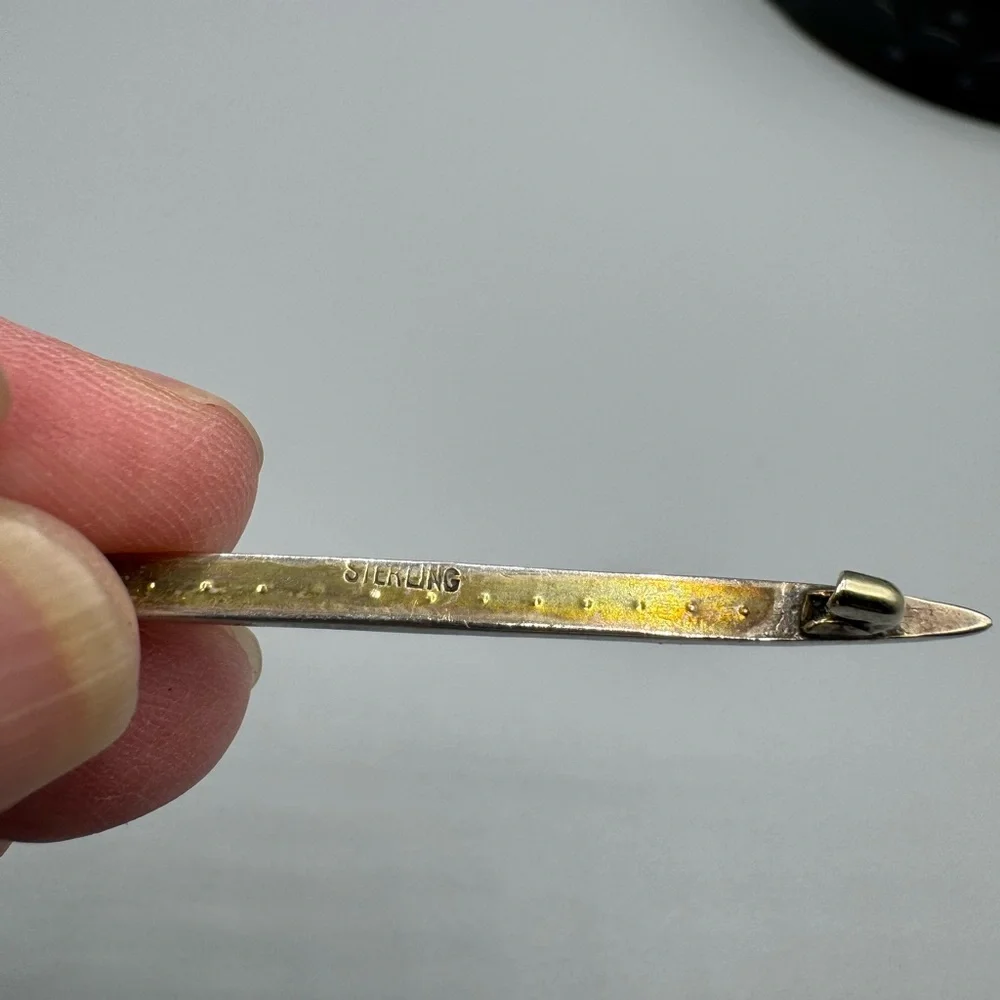 Vintage Art Deco Sterling Silver‎ Bar Pin Brooch with Clear Rhinestones Crystal
